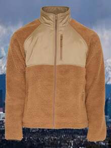 Chaqueta de hombre con forro de borreguito Sherpa, manga larga, de polar con cremallera, cálida para otoño e invierno - Camel - Ver 2