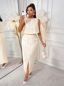 AIJ Women's Solid Color Single-Breasted Vest And Split Hem Midi Skirt Elegant Two Pieces Set