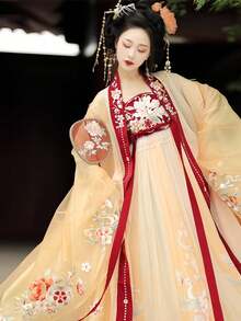 中式汉服套装，改良唐代刺绣连衣裙，融入中国传统元素 - 黃色 - 查看 4