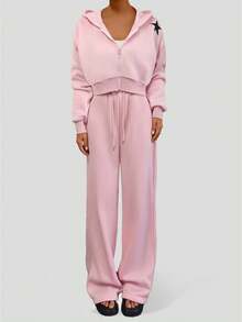 2pcs Set: Casual Versatile Hooded Zip-Up Star Print Sweatshirt Jacket And Drawstring Straight Leg Pants, Thermal Lined, New Autumn/Winter,Winter Clothes For Women,Two Pieces Set Women