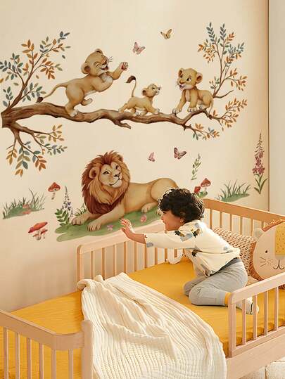 2 件/1 件墙贴 - [狮子、松鼠叶] PVC 自粘可移除墙贴，适用于托儿所、儿童房、游戏室或教室 - 适合任何空间的可爱创意墙面装饰