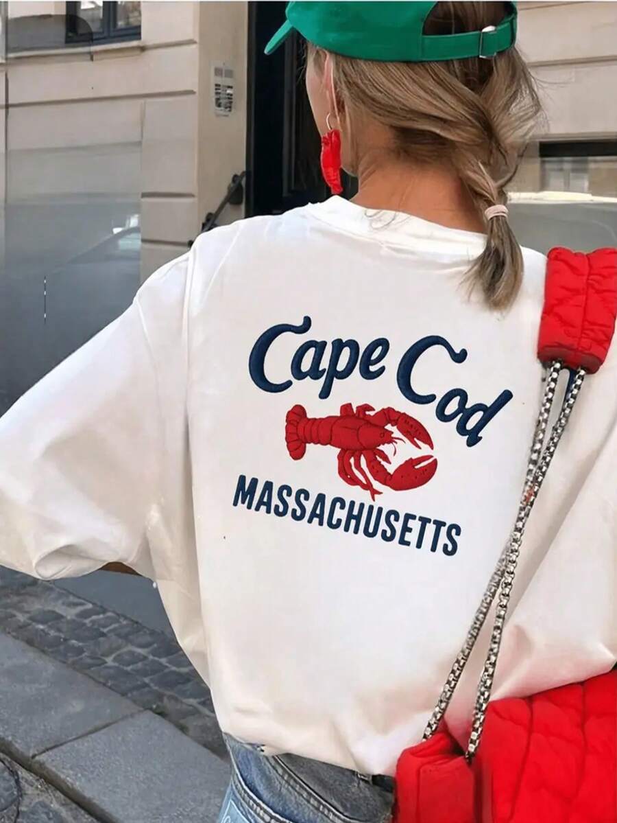 Red Lobster Cape Cod Print Element Women's Casual T-Shirt, Short Sleeve Round Neck Top Suitable For Summer And Spring - White - View 1