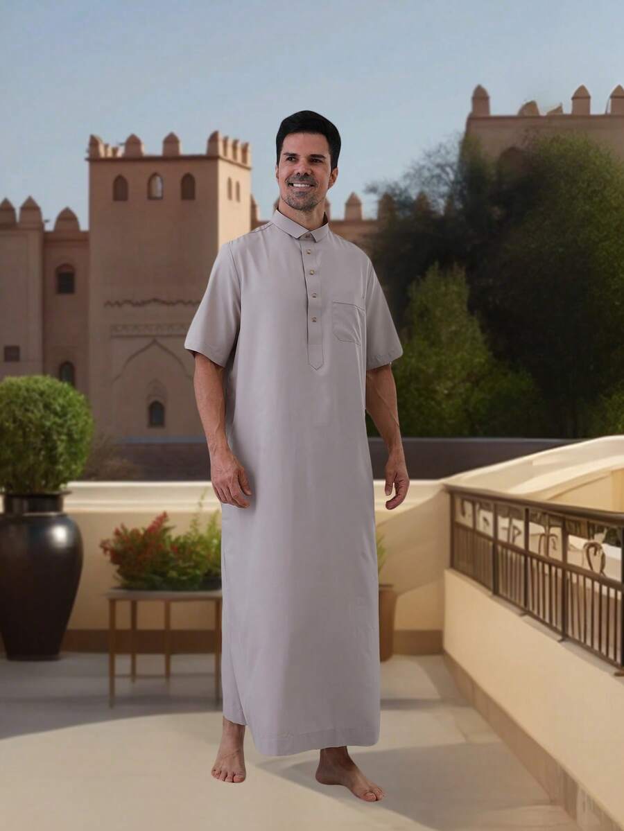 AL HARAMAIN HARAMAIN MEN THOUB 优质面料,四粒扣设计,短袖款式,畅销的阿拉伯男士长袍,优雅的男士阿拉伯长袍 - 柔软的长袖祈祷长袍,可机洗,适合所有季节和宗教场合 | 圆领设计 | 光滑质地 - 杏色 - 查看 1