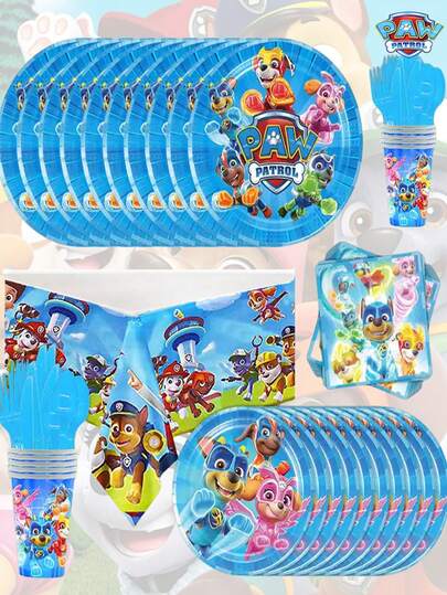 Paw Patrol 1 pezzo/10 pezzi/6 pezzi Set di forniture per feste a tema Paw Patrol blu, inclusi piatti di carta, tovaglia e decorazioni a spirale appese, adatto per feste, rientro a scuola, laurea, compleanni, stoviglie monouso per feste di colore blu