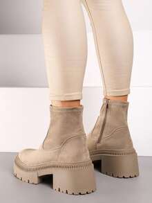 Women's Side Zipper Design Casual Comfortable Ankle Boots, Versatile For Daily Wear - Khaki - View 4