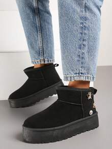 Thick Sole Snow Boots With Metallic Decorations - Black - View 4
