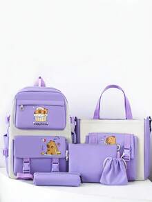 5件套时尚百搭可爱水豚图案大容量背包、单肩包、斜挎包、手拿包、钱包 - 彩色 - 查看 10