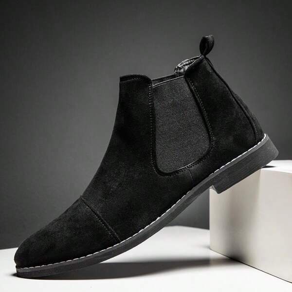 Black Leather Suede Classic Men's Chelsea Boots, Minimalist Fashion Ankle Boots With Slip-Resistant, Waterproof, Vintage British Style Pointed Toe Boots For Autumn