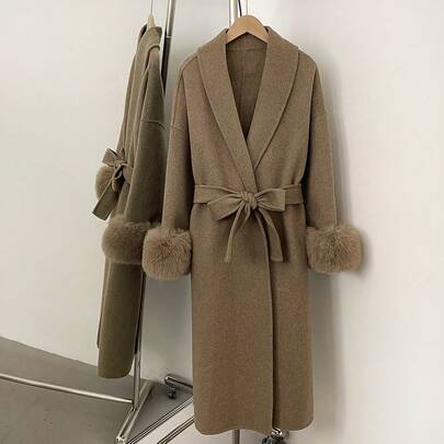 OFTBUY Long Solid Color Wool Blend Fuzzy Fur Coat, Casual Street Style For Women, Autumn/Winter