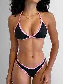 Bikini Set With Zero Transparency Fabric, Fixed Top And Delta Wing Bottoms, Beachwear - 黑色搭配粉紅色 - 查看 1