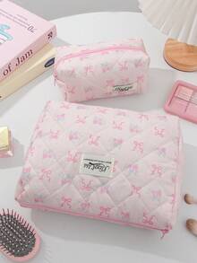 1 Pieza Bolsa de maquillaje con lazo, bolsa de almacenamiento de maquillaje de gran capacidad con asa, estilo acolchado simple, bolsa de maquillaje multifuncional, bolsa de viaje de tocador, bolsa de tocador estética de viaje, bolsa de almacenamiento de herramientas de belleza, bolsa de cosméticos para regalos, regalos para mujeres, bolsa de viaje, artículos esenciales de viaje, bolsa de mamá e hija