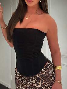 Áo croptop corset lưới xuyên thấu màu trơn gợi cảm Yuwenier, áo bustier không dây có gọng và dây buộc phía sau, trang phục dự tiệc/lễ hội/Halloween, trang phục đi nghỉ hè cho nữ màu đen. - màu đen - Xem 2