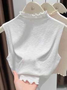 1pc Women's Slim Fit Sleeveless Knit Top With Double Ruffle Hem & Detachable Collar