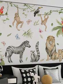 1 Set Cute Cartoon Small Animal Green Plant Combination Wall Sticker Glass Bedroom Children's Room Living Room Kindergarten Background Decoration Wall Sticker