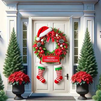 圣诞帽、圣诞袜、圣诞花环 - 涤纶材质，无需电源，适合室内/室外节日装饰