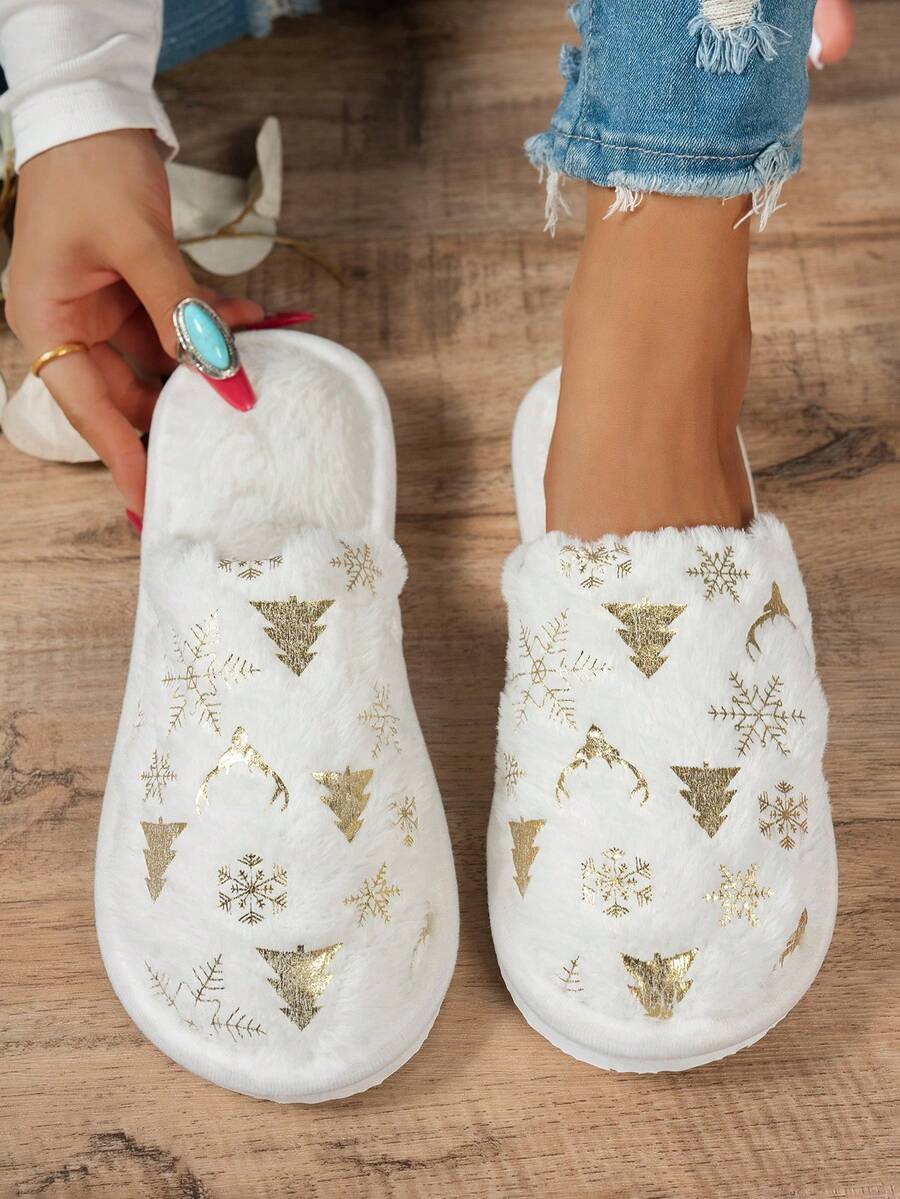 Zapatillas de casa acolchadas y cálidas de estilo navideño para parejas, en tela de felpa - Blanco - Ver 1