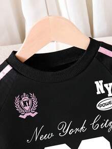 少女休闲运动风数字字母印花撞色条纹侧边圆领卫衣和阔腿裤套装，春秋季 - 黑色 - 查看 3