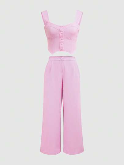 两件套加厚肩带纽扣前开襟修身背心和高腰阔腿裤休闲套装