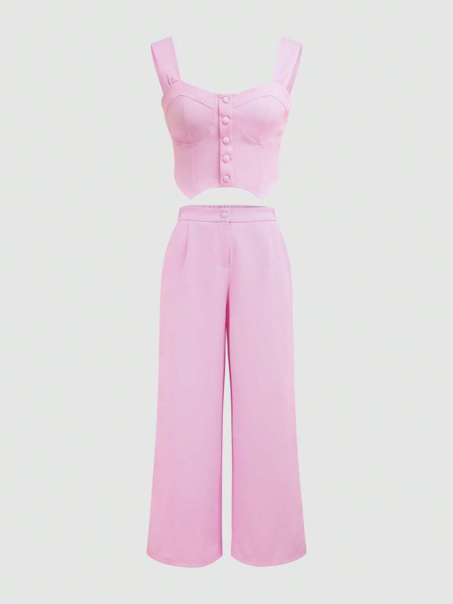 两件套加厚肩带纽扣前开襟修身背心和高腰阔腿裤休闲套装 - 粉色 - 查看 1