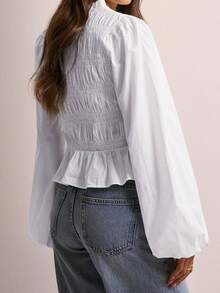 Women's Fall Button Down Blouses Casual Stylish Solid Shirred Ruffled Trim Bubble Long Sleeve Tops - 白色 - 查看 7