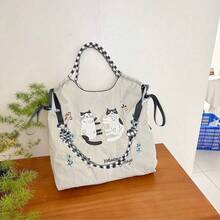 1 Stück große Kapazität rosa Nylon Leinwand Shopper Tasche mit Katzen Aufdruck, lässige vielseitige Cartoon Schulter Umhängetasche mit Riemen