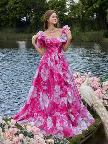 Faeriesty Vestido de noite longo em chiffon ultrafino, com amarração nas costas, detalhes em babados e estampa. Ideal para festas no jardim e casamentos na primavera/verão. - Rosa Quente - Ver 8