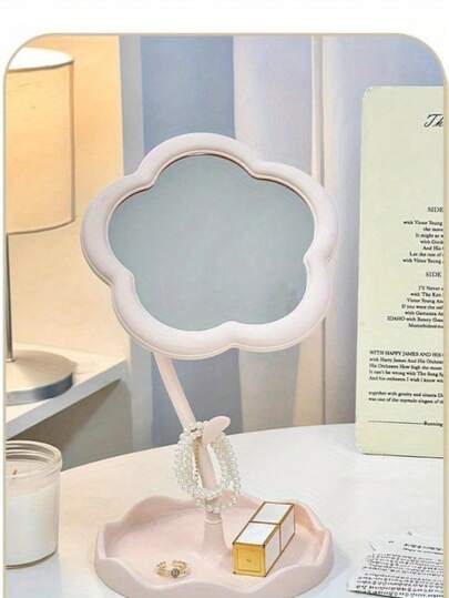 1 قطعة مرآة مكياج دوارة إبداعية - تصميم وردي وأبيض ، مرآة زهرة صغيرة للسكن والغرفة الجامعية ، مرآة مكياج للمنضدة عالية الجودة ، مرآة تجميل محمولة للمنضدة ، ضرورية للطالبات ، لا تحتاج بطاريات ، سطح بلاستيكي متين ، تصميم أنيق ، قاعدة ثابتة ، خيار هدية رائع