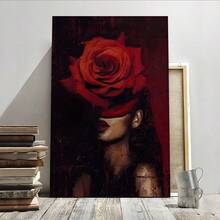 1PC Red Rose, Female Portrait, Surrealist Style Wall Art - Canvas Prints Poster, Ready To Hang - Home Decor, Ideal For Home, Office Wall Decor, Family Gift, Living Room Bedroom Wall Decor No Frame