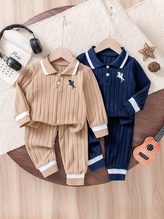 Bhchntiy 4pcs/Set Baby Boys/Girls Autumn/Winter New Fuzzy Ribbed Fabric Striped Polo Collar Warrior Horse Embroidery Long Sleeve T-Shirt And Solid Color Pants Casual Fashion Outfit