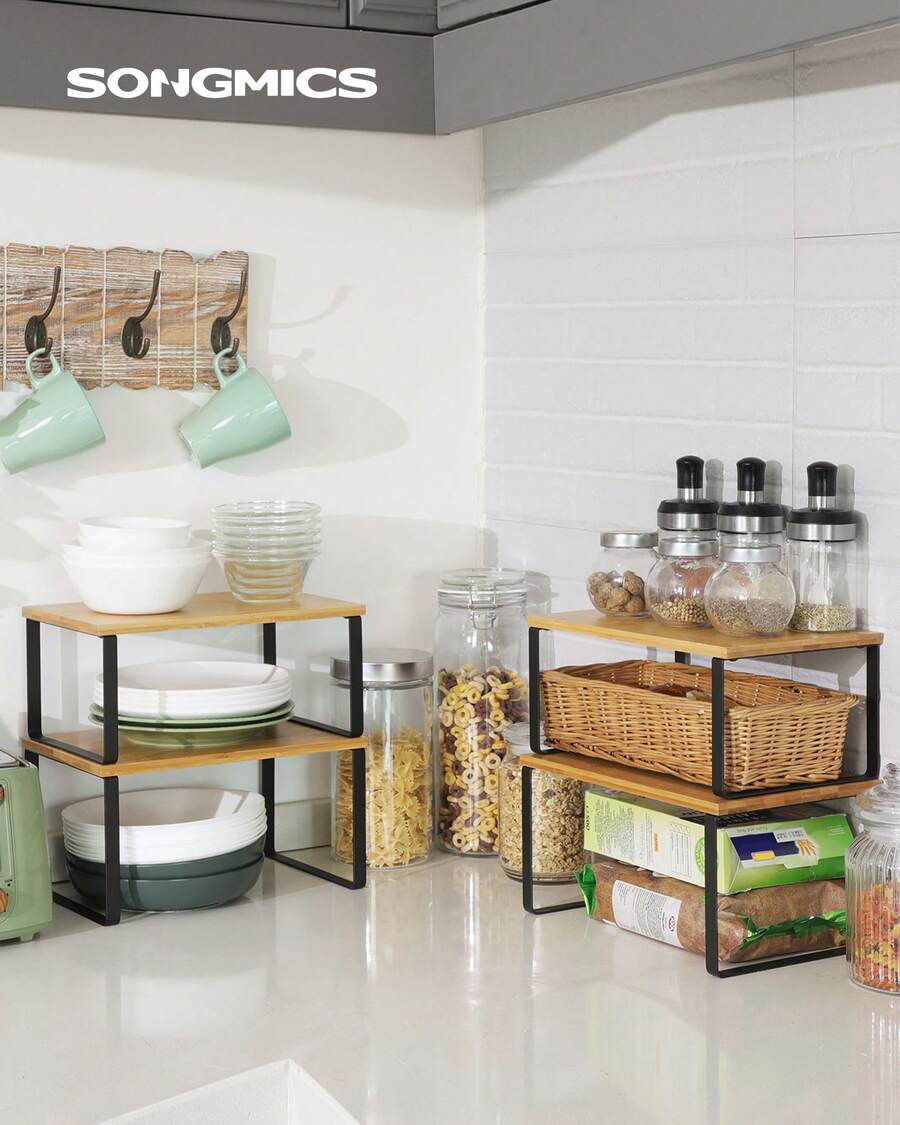 SONGMICS Cabinet Organizer Shelf, Set Of 4 Kitchen Counter Shelves, Kitchen Storage, Spice Rack, Stackable, Expandable, Metal And Engineered Wood - 墨黑色+自然米色 - 查看 1