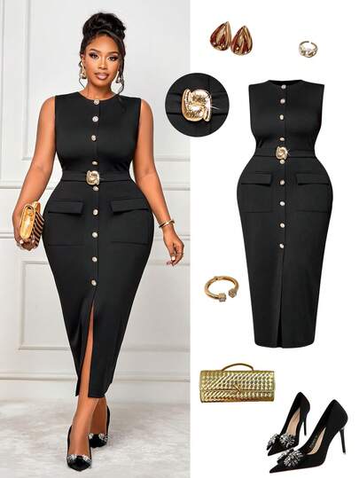 BIUBIU 女士加大码时尚无袖纯色口袋金属扣开衩连衣裙，适合魅力约会、鸡尾酒会、休闲外出、商务通勤、返校季时尚搭配黑色夏季优雅