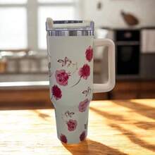 Floral Stainless Steel Thermal Mug With Handle, Lid, And Straw For Coffee, Tea, Juice, Or Water. Designed To Be Portable, It's Ideal For Travel, The Gym, The Car, The Office, And As A Gift. - white Prêmio - 查看 1