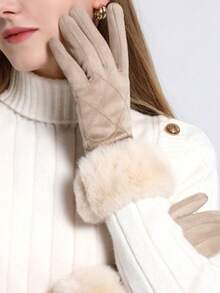 1双女式仿麂皮保暖内衬保暖手套，时尚驾驶手套，适合秋冬