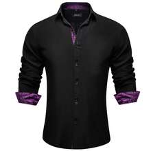 Mens Shirt Long Sleeve Black Satin Plain Purple Paisley Shirts Regular Fit Button Tops Wedding Formal Casual Office Suit Coats - 黑色 - 查看 1