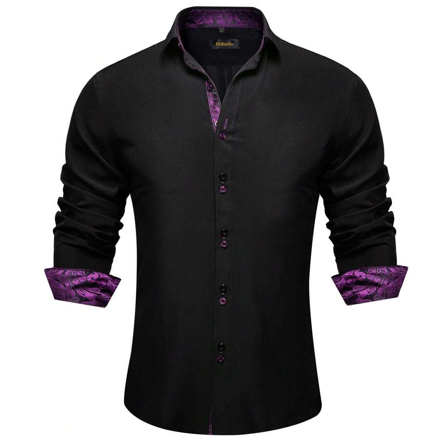 Mens Shirt Long Sleeve Black Satin Plain Purple Paisley Shirts Regular Fit Button Tops Wedding Formal Casual Office Suit Coats - 黑色 - 查看 1