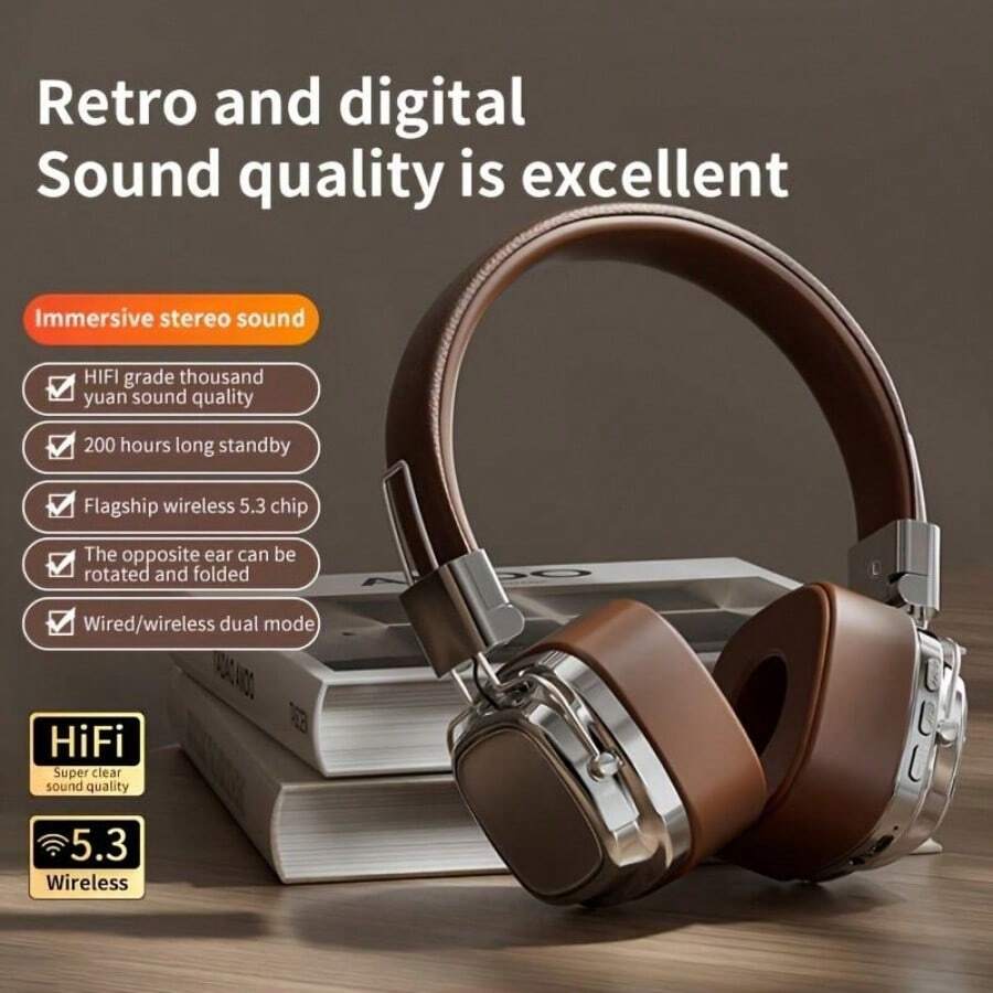 Wireless Headphones Retro Style V5.3 Heavy Bass Headphones New Good Classic Over-Ear-Kopfhorer Studio Dj Stereo - 棕色 - 查看 1