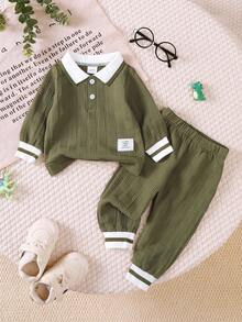 BrownBark 2pcs Baby Boys' Spring/Autumn Outfit, Solid Color Long Sleeve Collared Top + Pants Set, Regular Fit, Perfect For Outdoor, Baby Boy Autumn/Spring Clothing