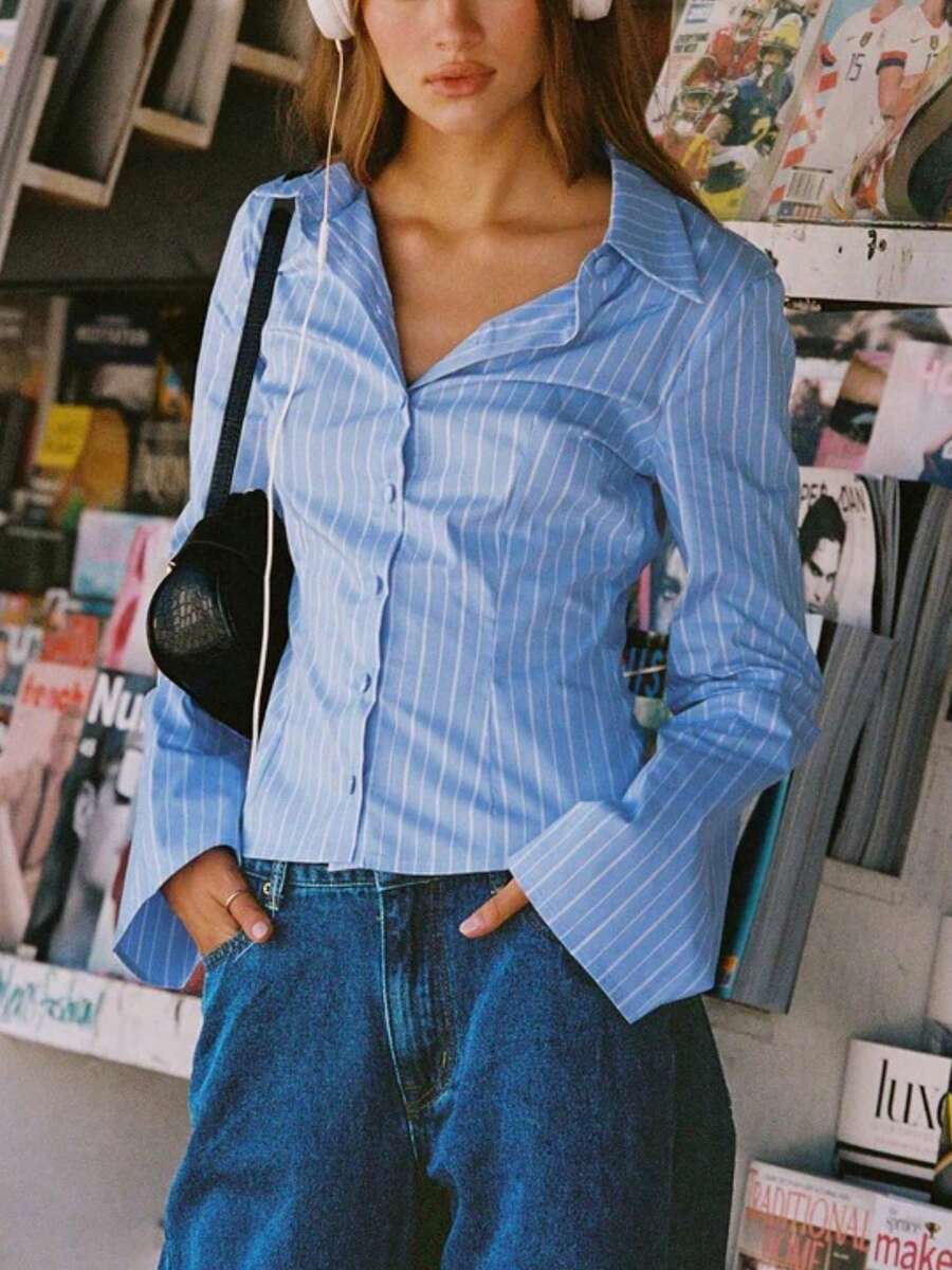 Soft Wrinkle-Free Button Down Stretch Shirts For Women, Breathable Moisture-Wicking Casual Work Dress Tops - Màu xanh lam - Xem 1