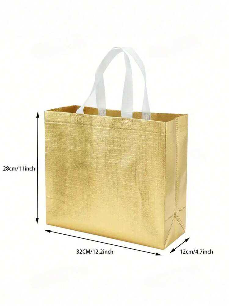 10个可重复使用的金色购物袋，缎面婚礼礼品袋，大号礼品袋，无纺布礼品包装袋，婚礼生日派对礼品袋（款式随机发货） - 金色 - 查看 3