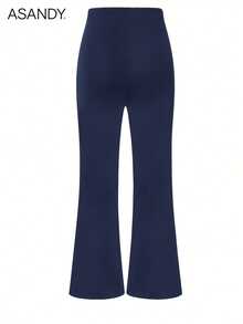 Women's 70s Retro Style High Waist Flare Pants With Gold Buttons, Vintage Office & Casual Wear - Navy Blue - View 6