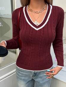 Women's Fitted Casual Vintage Cute College Style Pullover Sweater, Suitable For Halloween, Christmas, New Year, V-Neck, Daily, Back To School, Party, Travel, Airport, Autumn Winter - Burgundy - View 2
