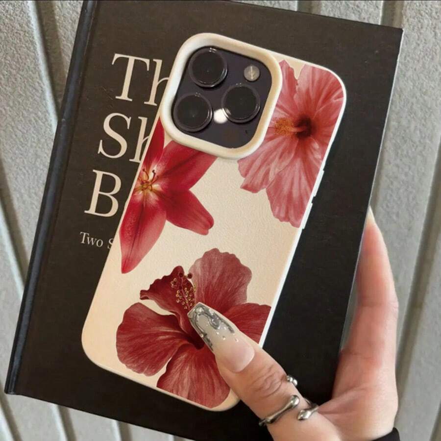 1个TPU材质优雅粉色百合花和芙蓉花图案手机壳,兼容/智能手机 - 白色 - 查看 1