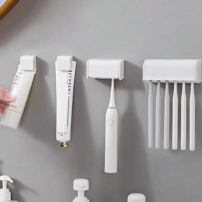 1pc Toothbrush Holder Wall Mount With Cover, Bathroom Toothbrush Organizer, Toothpaste Storage Rack, 2/5/6 Slots Self-Adhesive Toothbrush Holder, Bathroom Accessories, Mother's Day Gift
