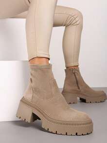 Women's Side Zipper Design Casual Comfortable Ankle Boots, Versatile For Daily Wear - Khaki - View 2