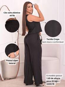 Conjunto Calça Pantalona Feminino e Blusa Regata Social Decote Elegante Wid Leg - Preto - Visão 2