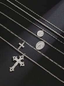 4pcs Vintage Chic Geometric Metal Cross Pendant Necklace Set, Multilayer Charm Necklaces For Men - Yellow Gold - View 11