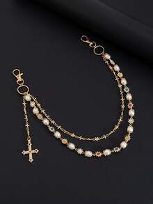 1pc Vintage Elegant Minimalist Colorful Crystal & Faux Pearl Pants Chain, Unisex Punk Hip-Hop Diagonal Cross Chain, For Pants Decoration, Casual Outdoor, Travel, Date Wear