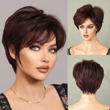 7JHH WIGS Tóc giả ngắn màu đen tím 8 inch kiểu pixie cho phụ nữ da đen và da trắng, tóc giả ngắn màu đỏ sẫm tổng hợp có mái, tóc giả nguyên đầu dùng hàng ngày, hóa trang, cosplay và phong cách thường ngày. - Màu đỏ tím - Xem 12