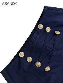 Women's 70s Retro Style High Waist Flare Pants With Gold Buttons, Vintage Office & Casual Wear - Navy Blue - View 7