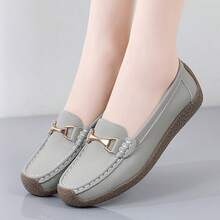 Women's Rubber Sole Loafers, Spring/Autumn New Flat Slip-On Shoes With Metal Buckle, Comfortable Casual Mom Shoes